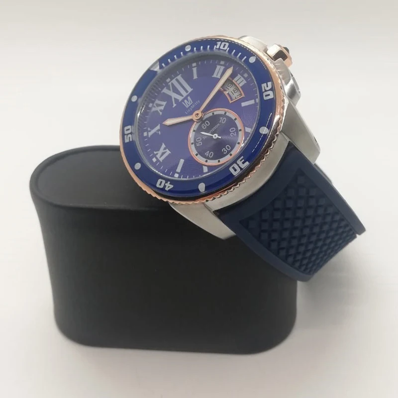 

Mens Watch Automatic Mechanical Rotable Bezel Rose Gold Blue Dial Rubber Strap Sapphire Glass Man Watches Male Wristwatches