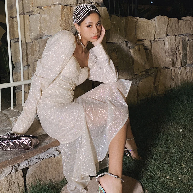 

Sequined Mermaid Ruffles Ankle Length White Evening Gowns for Women Long Sleeves Draped Glamorous Spring Summer Trumpet Dresses