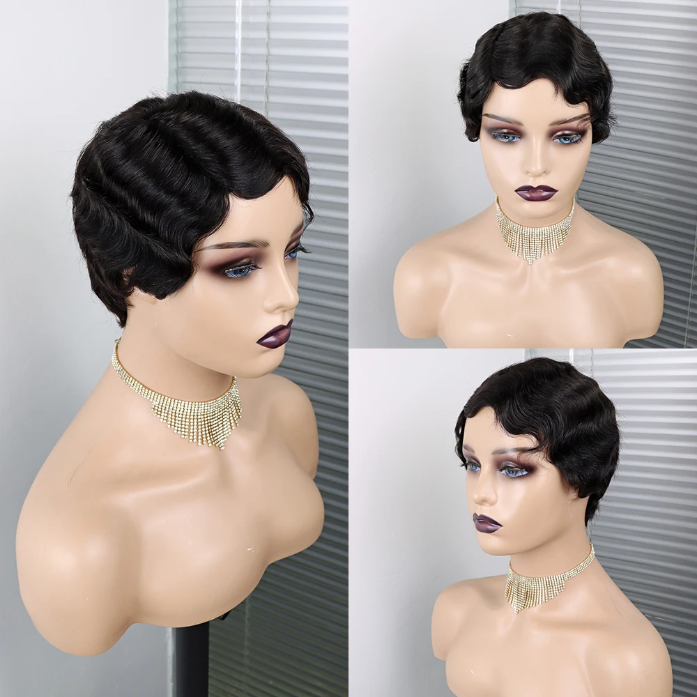 

Short Finger Wave Cheap Wigs For Women Remy Real Hair Pixie Cut Wig Short Human Hair Wigs Machine Made Mix Color No Lace Wigs