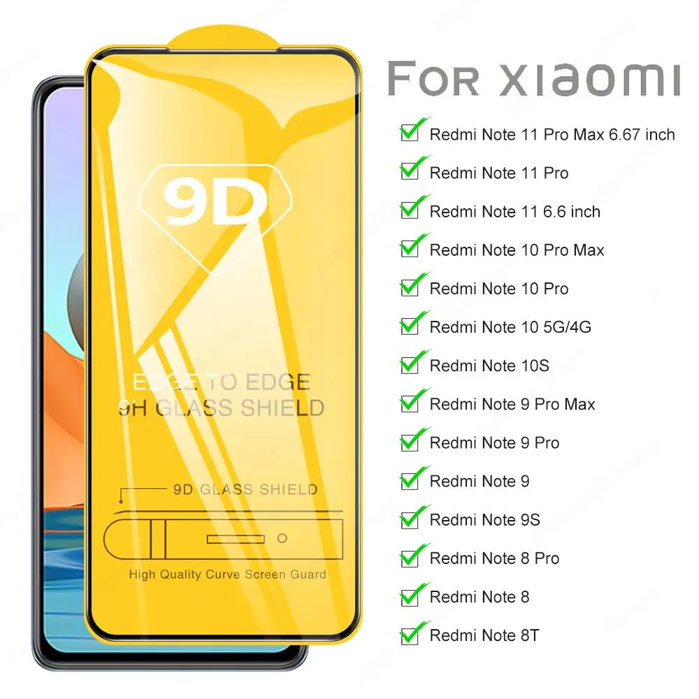 

9D закаленное стекло Redmi Note 11 Pro Max Защитная пленка для экрана для Xiaomi Redmi Note 10 9 8 Pro Max 8T 10S 9S