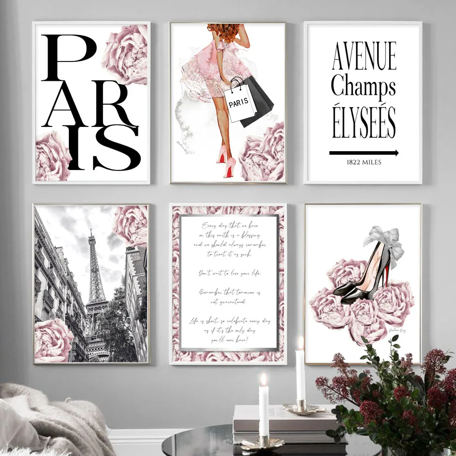 

Pink Flower Paris City Fashion Lady Wall Art Canvas Painting Nordic Posters And Prints Wall Pictures For Home Living Room Decor