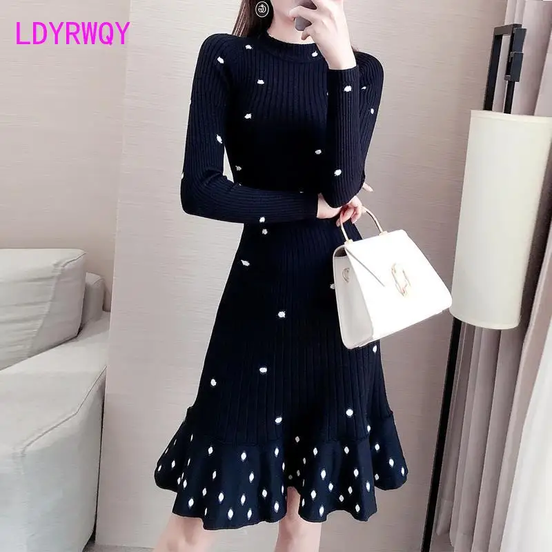 

new wave point dress Korean version of medium and long small half-high collar bottom sweater fish tail