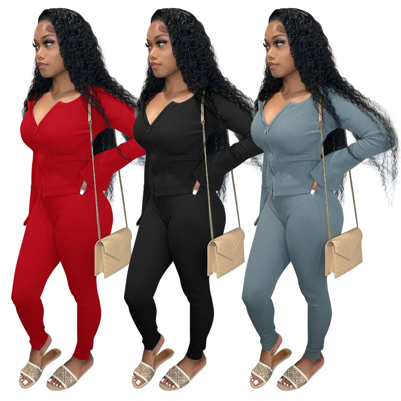 

Autumn Women Tracksuit Knit Ribbed Two Piece Set Jacket Coat And Long Pants Sportsuit Solid Color Clothes For Women Outfit