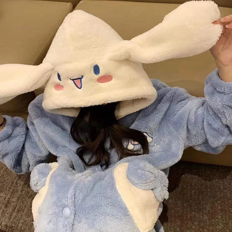 Kawaii Winter Thick Plush Pajamas for Women Flannel Long Sleeve Cute Cartoon Nightdress Embroidery Long-eared Dog Nightgown Robe