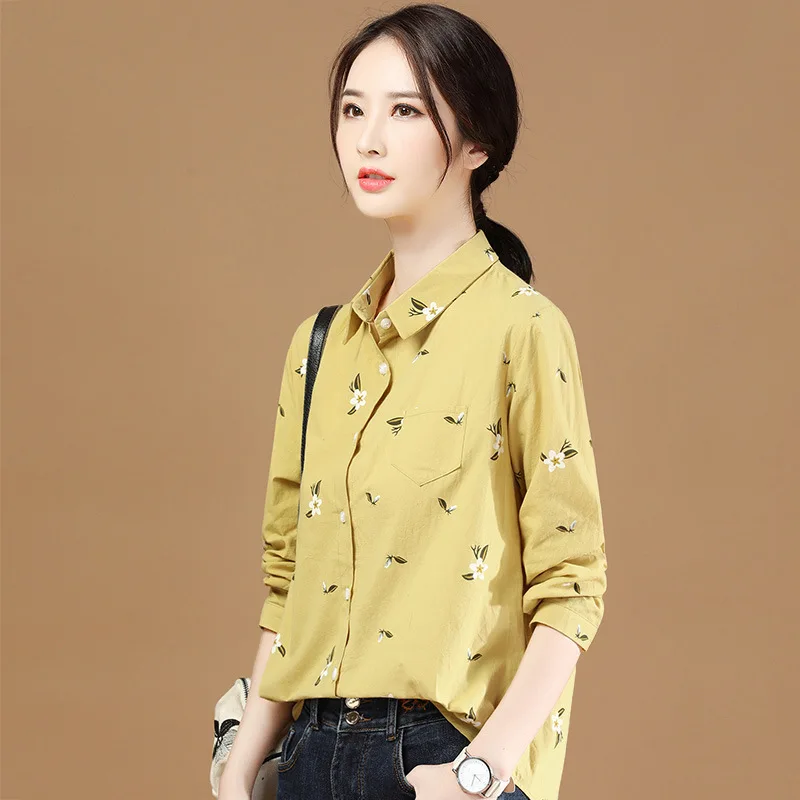 

ALIXMAN Women's POLO Collar Floral Shirt Women's 2021 Autumn Long-sleeved Cotton Base Blouses Fashion Casual Outerwear All-match