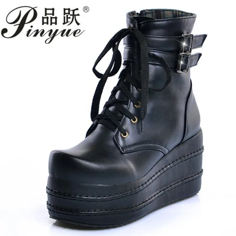 

Women motorcycle Gothic boot rivet wedges shoes platform High Heels Shoes woman lace up botas buckle boots