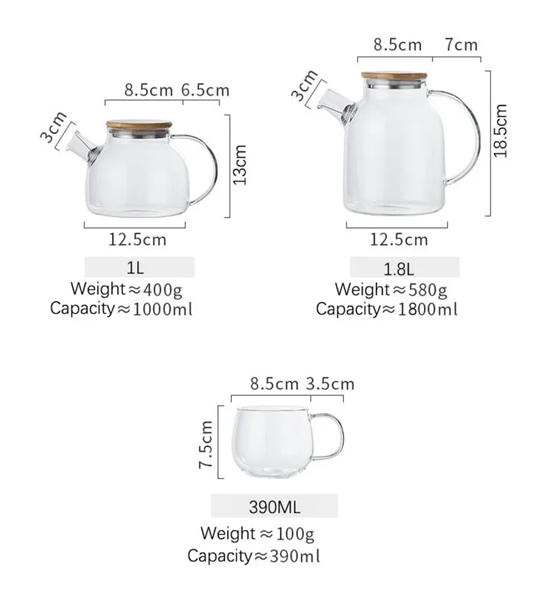 

1L/1.8L Transparent Borosilicate Glass Heat-resistant Filter Teapot with Bamboo Cover Office and Household Drinking Utensils