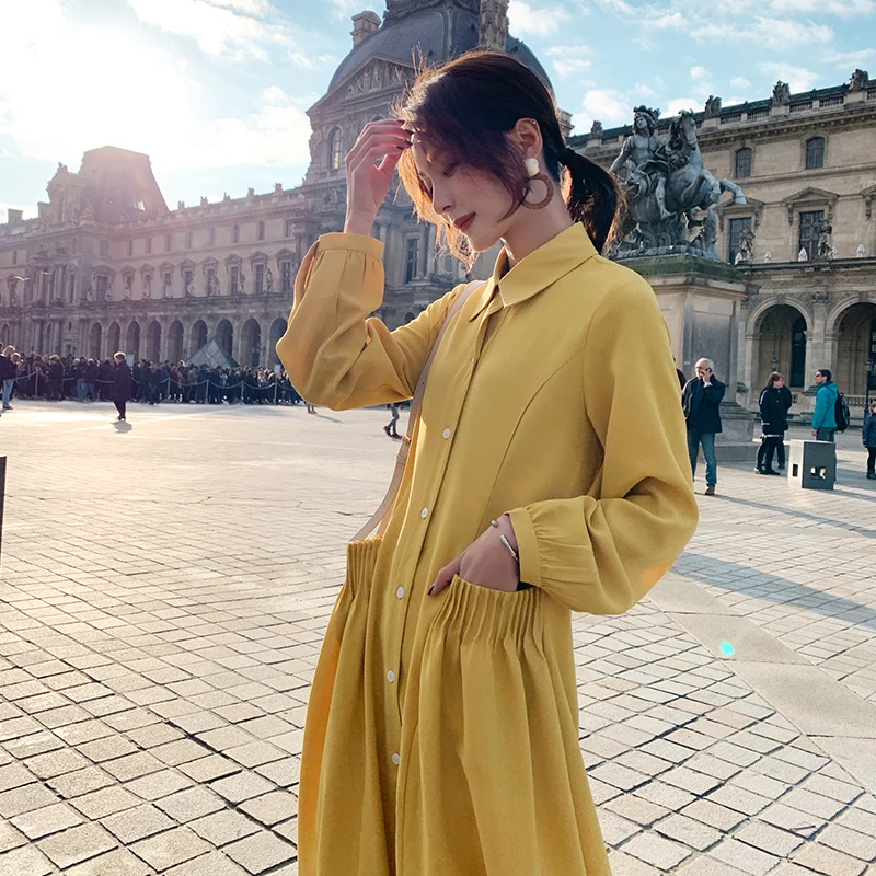 Женское длинное платье рубашка винтажное с карманами и поясом абрикосового