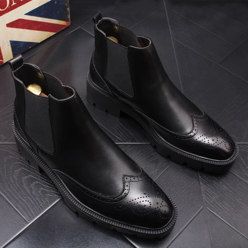

men casual business wedding formal dress chelsea boots carved brogues shoes cow leather boot black bullock ankle botas masculina