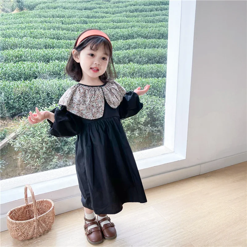 

2-7 Year Baby Girls Dress 2021 Spring New Girls Korean Lantern Sleeve Cotton Dresses Kids Floral Lapel Princess Dress For Girls