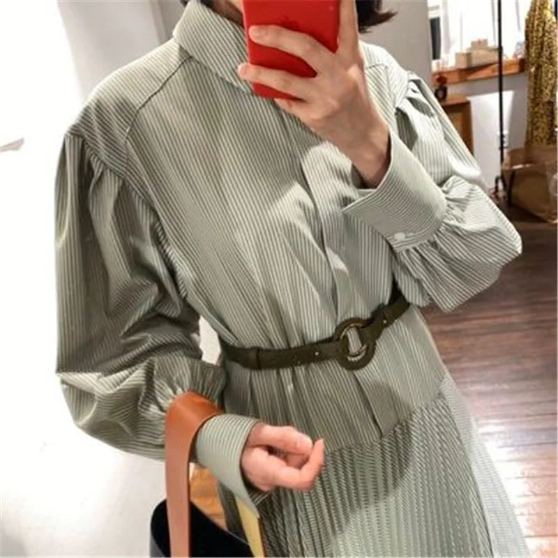 

Women Casual Dress Autumn Korean Vintage Stitching Color Shirt Dresses Long Sleeve Pleasted Vestidos 2020