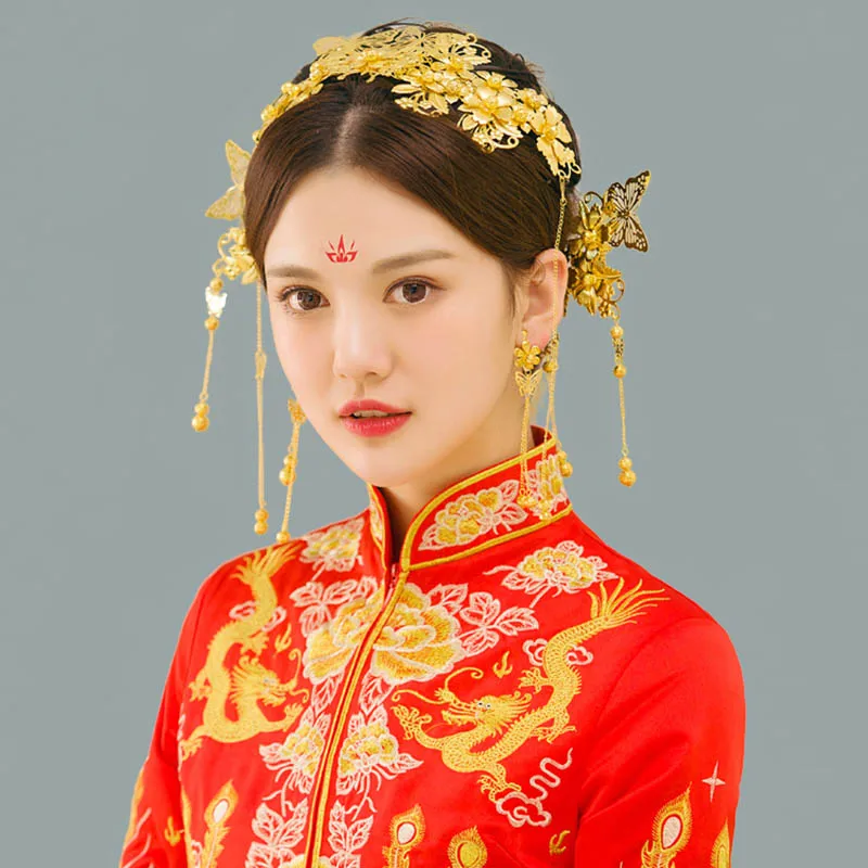 Золотой цвет металлическая китайская повязка на голову свадебная корона