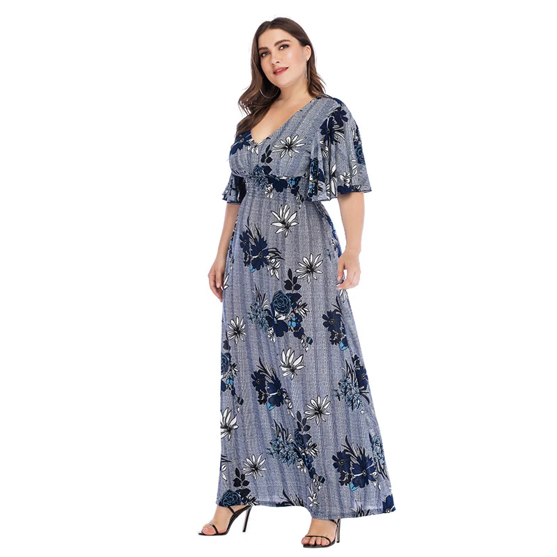 

New Arrival Mommy V Neck Long Oversized Maxi Dress Elegant Flowers Printing Retro Simple Plus Size Clothing for Women 5xl 6xl