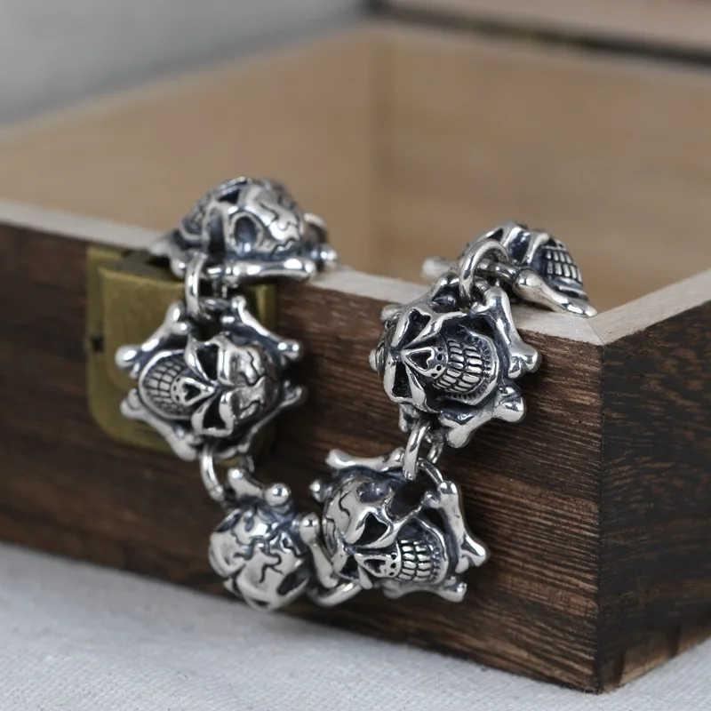 

S925 Sterling Silver Vintage Craft Thai Silver Men Bracelet Bone Skull Hip Hop Punk & Rock Style Men's Silver Bracelet