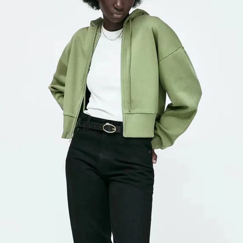 

2021 Autumn Women Fashion Solid Color Sports Hoodie Casual Long Sleeve Hooded Collar Zipper Female Outerwear Chic Top CD8353