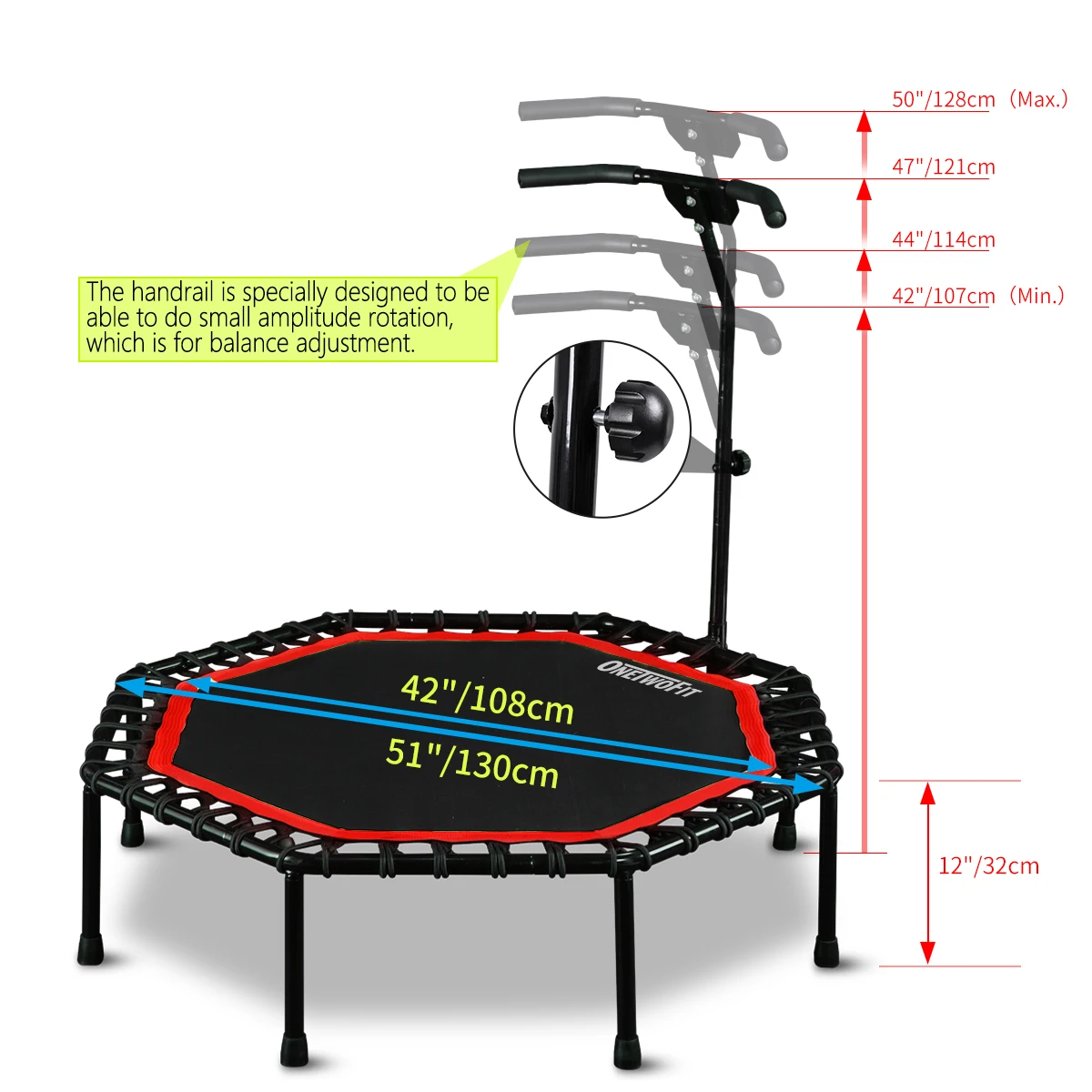 ONETWOFIT Octagonal Trampoline for Kids Adults Elastic Rope Muted Jumping Bed with Adjustable Handrail Fitness Equipment Sport | Спорт и