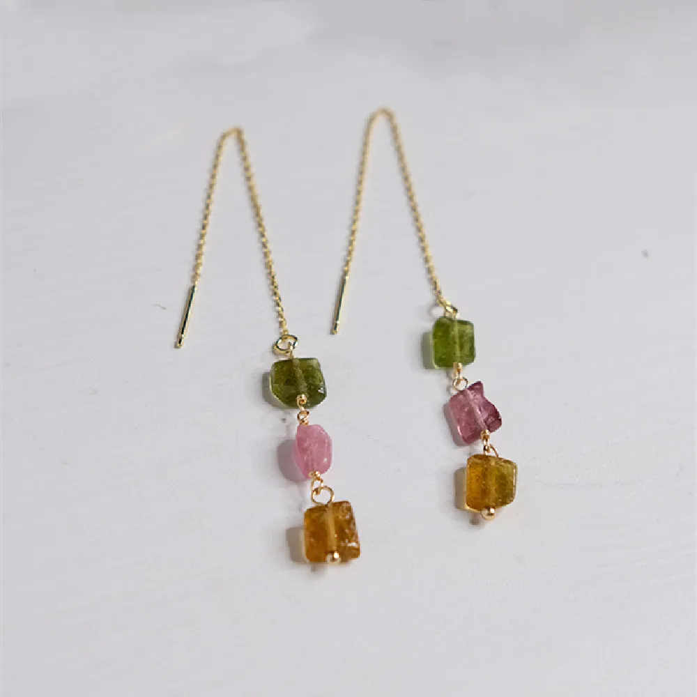 

HanDmade Inlaid Three Natural Tourmaline Earrings 925 Silver Plated Sweet And Fresh Tassel Earrings
