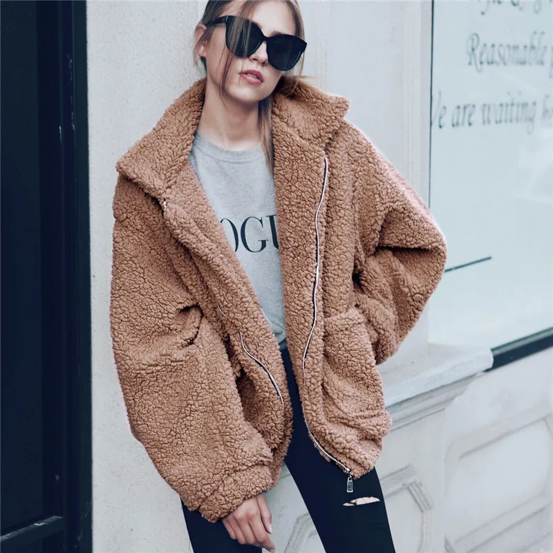

Elegant Faux Fur Coat Women 2019 Autumn Winter Thick Warm Soft Fleece Jacket Female Pocket Zipper Overcoat Bear Teddy Coat 3XL