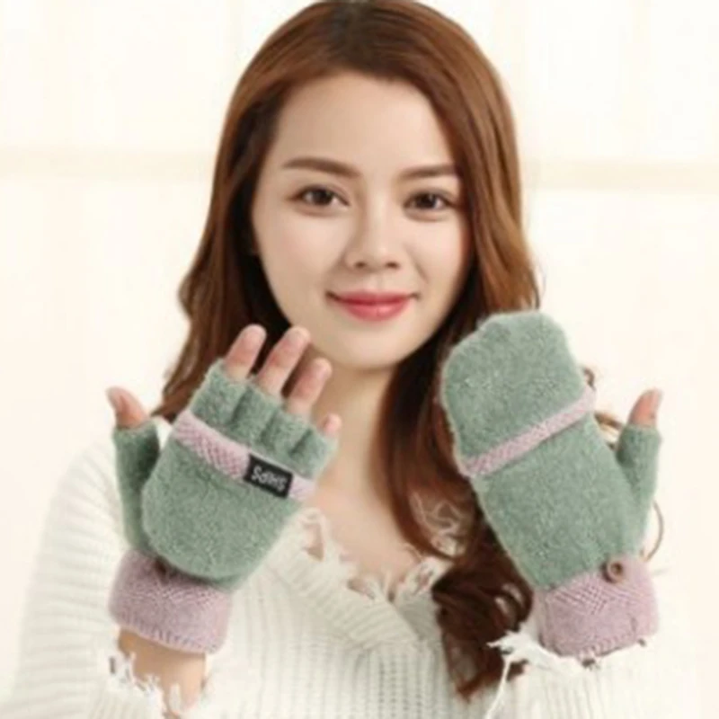 

Winter Warm Women Gloves Knitted Woolen Filp Gloves Half Finger Flip Gloves Fashion Patchwork Female Mittens