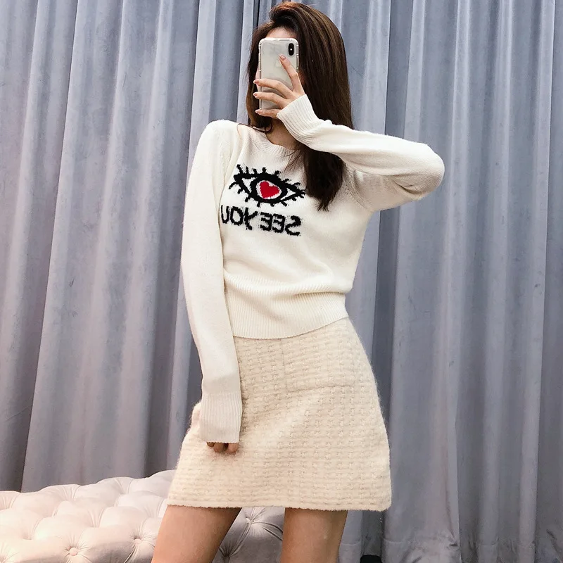 

Новинка Осень-зима 2021, кашемировые жаккардовые топы с нагрудным узором и надписью, пуловер, качественный вязаный свитер