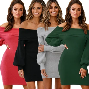 New Fashion Sexy Dress Strapless Backless Bodycon Knit Lantern Sleeve Design Party Club Dressup Women Autumn Winter Clothes