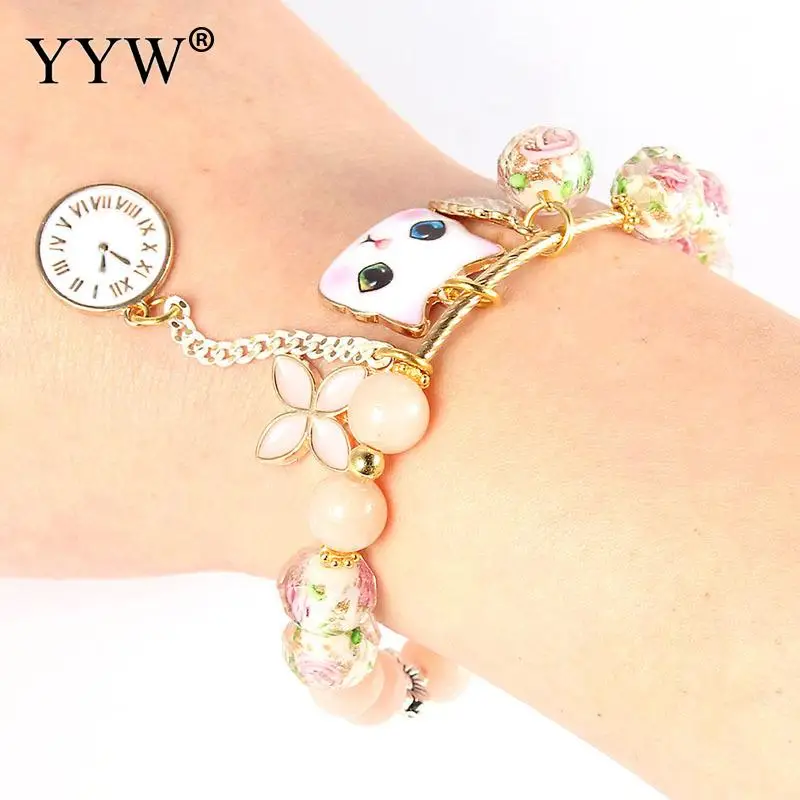 Браслеты женские с кристаллами милая эластичная цепочка изображением кошки