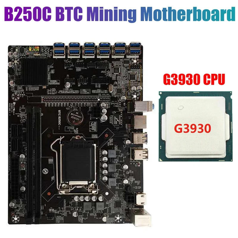 

B250C BTC Mining Motherboard with G3930 CPU 12XPCIE to USB3.0 Graphics Card Slot LGA1151 Supports DDR4 DIMM RAM for BTC