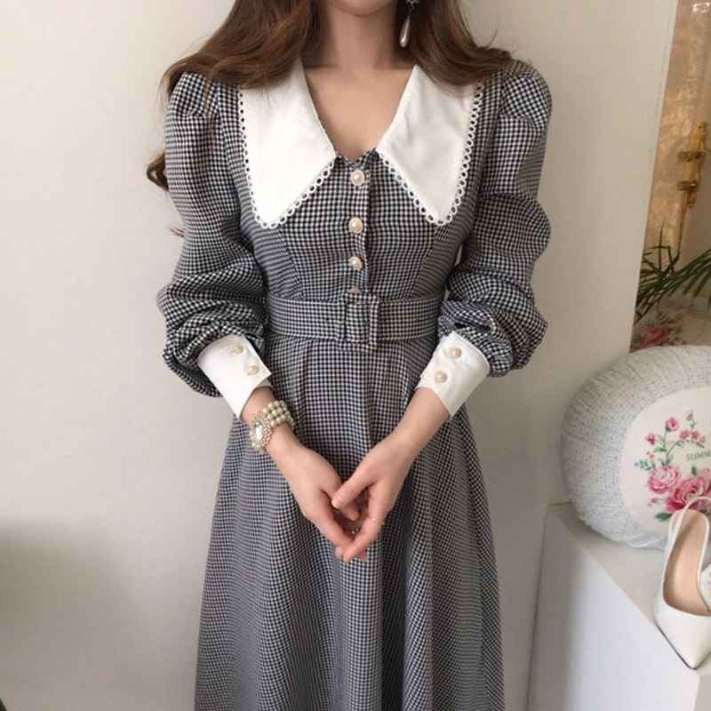 

Korean Style French Style Temperament Lapel Lace Plaid Chic Single-Breasted Waist Puff Sleeve Dress with Belt Woman Dress