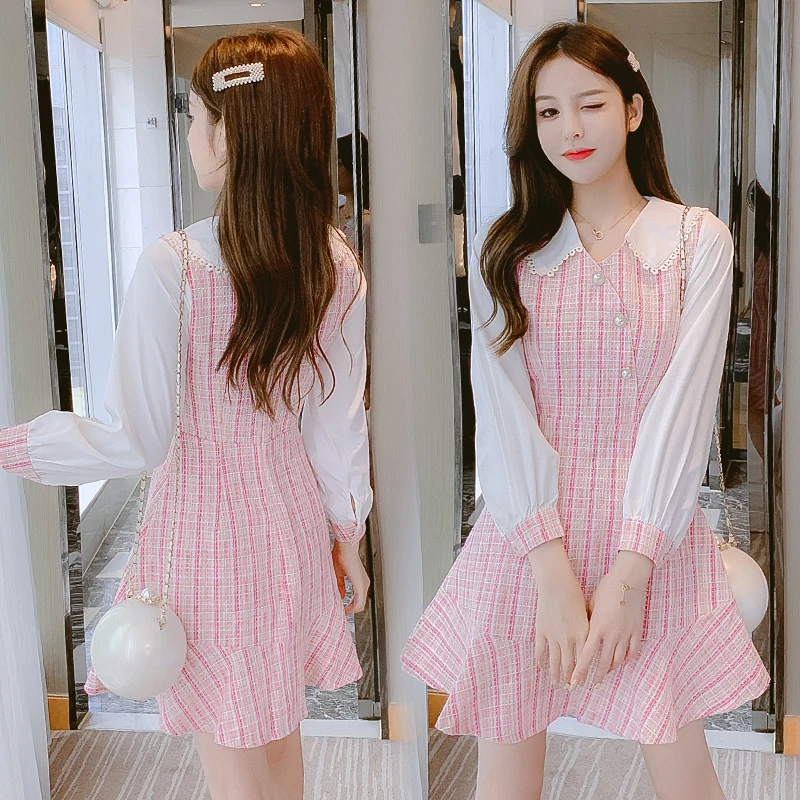 

COIGARSAM Cute Full Sleeve Women dress Spring Chiffon Peter pan Collar Zipper Dresses Pink 1221