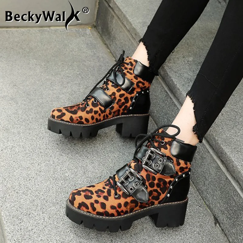 Новинка модная обувь на квадратном каблуке Зимняя женская с леопардовым принтом