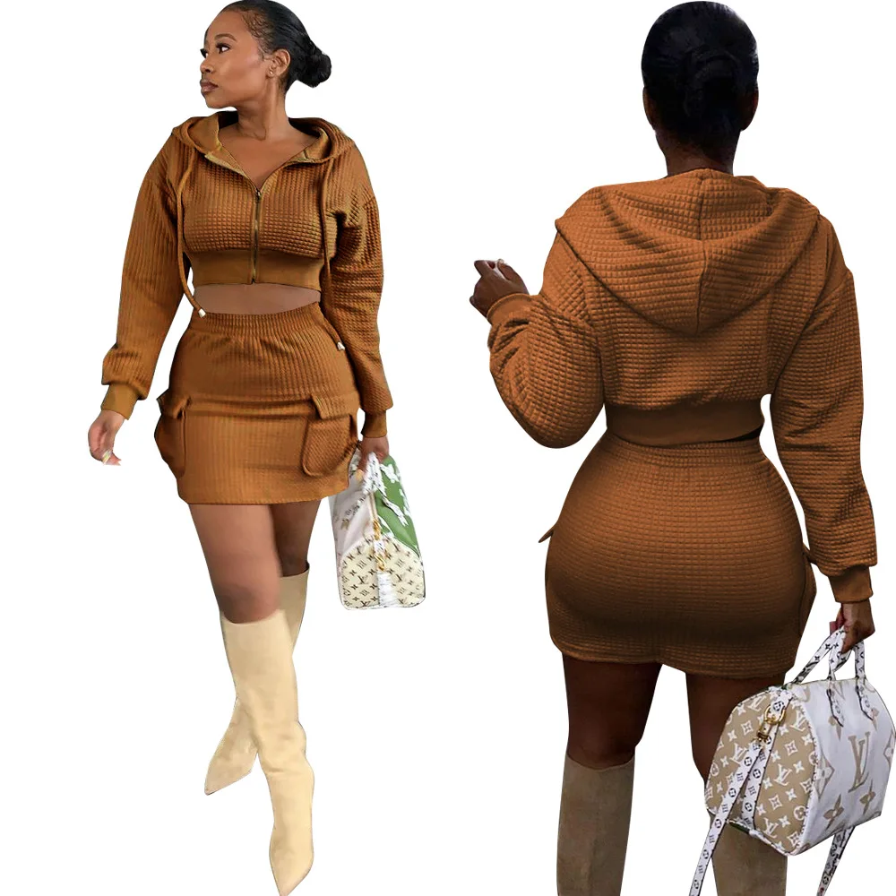 

2021New Women's fashion autumn winter new set skirt Hooded Coat two-piece mini skirts sets sweet 2 piece suits