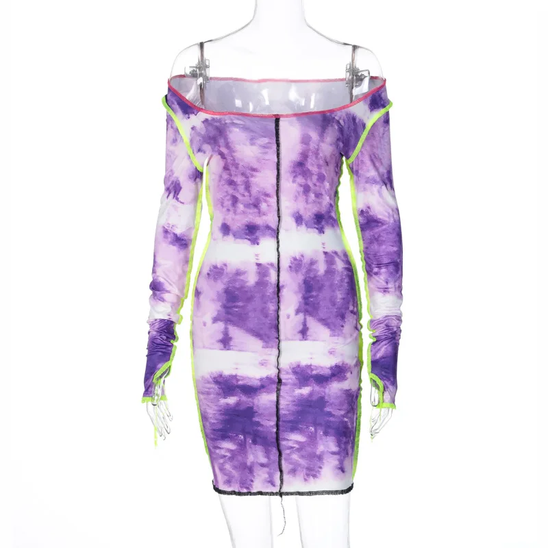 

LISM Tie Dye Printing Bodycon Dress Slash Neck Long Sleeve Panelled Dress Elastic Sexy Striped Pattern Club Party Wear Dresses