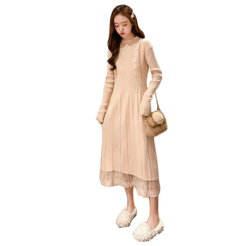 

Autumn Winter Stitching Lace Fashion Knitted Women Dress 2023 New Casual Fashion Solid Color Thick Women Dress Vestidos NBH24