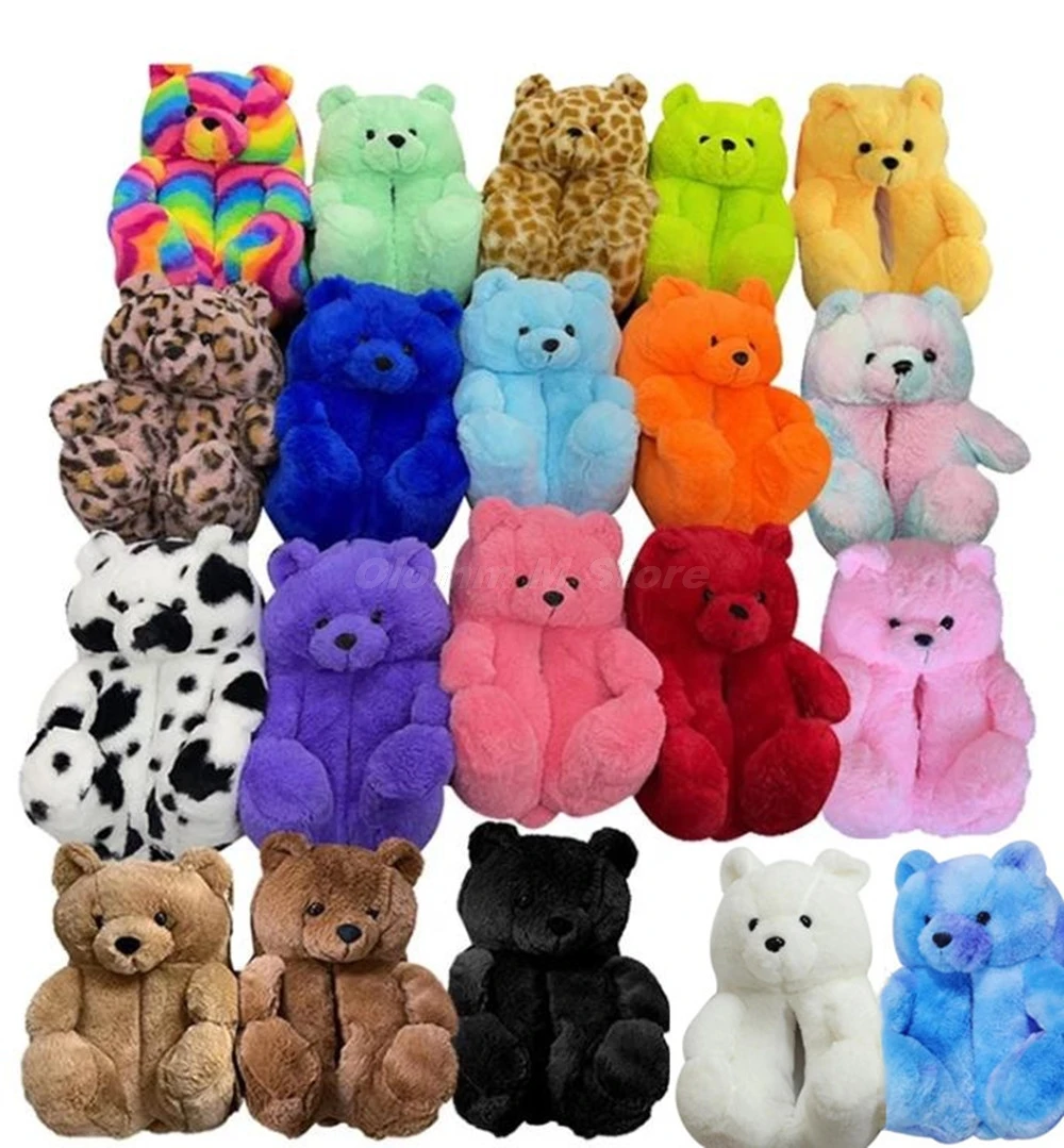 

Женские домашние мягкие Нескользящие симпатичные Тапочки из искусственного меха, зимняя теплая обувь, плюшевые тапочки с мультяшным медве...