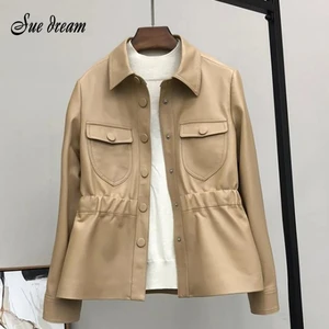 Осенняя Женская Повседневная куртка с длинными рукавами из искусственной кожи с воротником-стойкой и карманом на молнии, куртка с поясом цвета хаки размера плюс, 2020