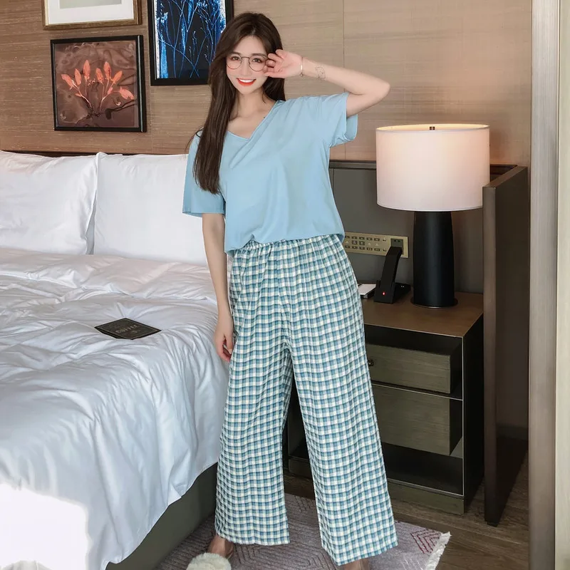 

Classic Plaid Pyjama Femme Sleepwear Casual V Neck Short Sleeve Elastic Waist Nightwear Retro Women's Pajamas Sets Home Clothes