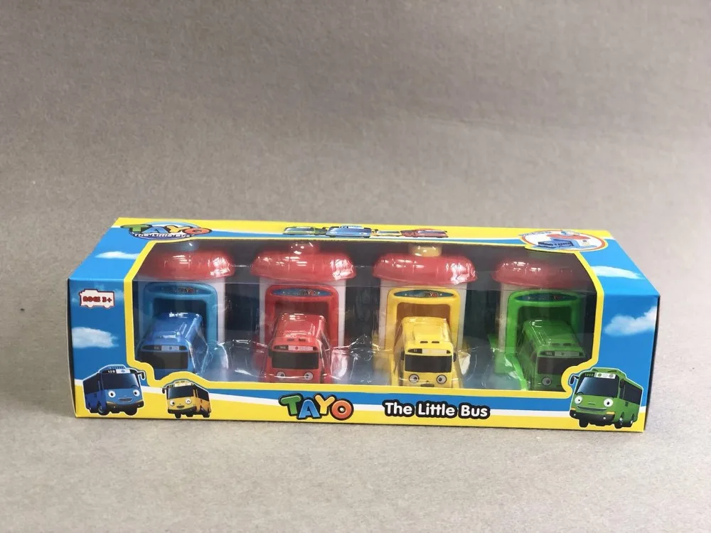 

[Funny] 4pcs/set Scale model Tayo the little bus children miniature bus baby oyuncak garage tayo bus Ejection impact car vehicle