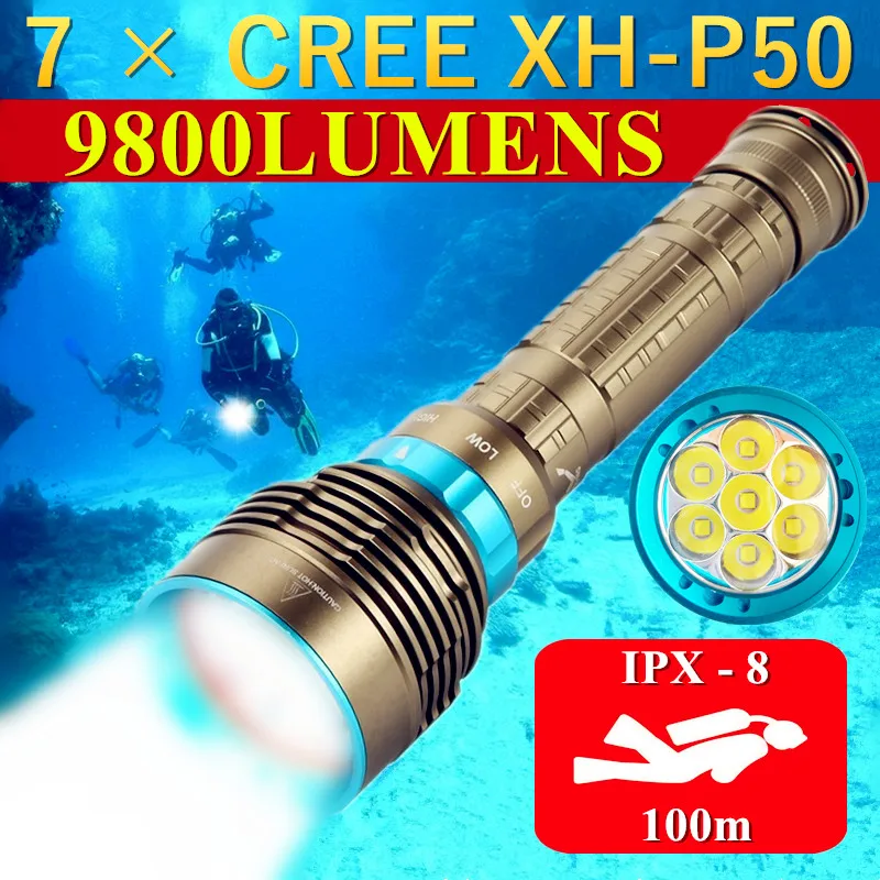 

CREE XH-P50 Ultra Bright Submarine Dive Fill Lighs Underwater 100m Scuba 7LED Diving Flashlight IPX-8 Waterproof Hunting Torch