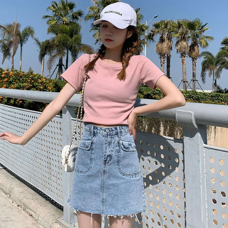 

Denim Mini Skirts 2021 Summer New High Waist A-line All-match Thin Bag Hip Skirts Fashion Solid Color Casual High Streetwear