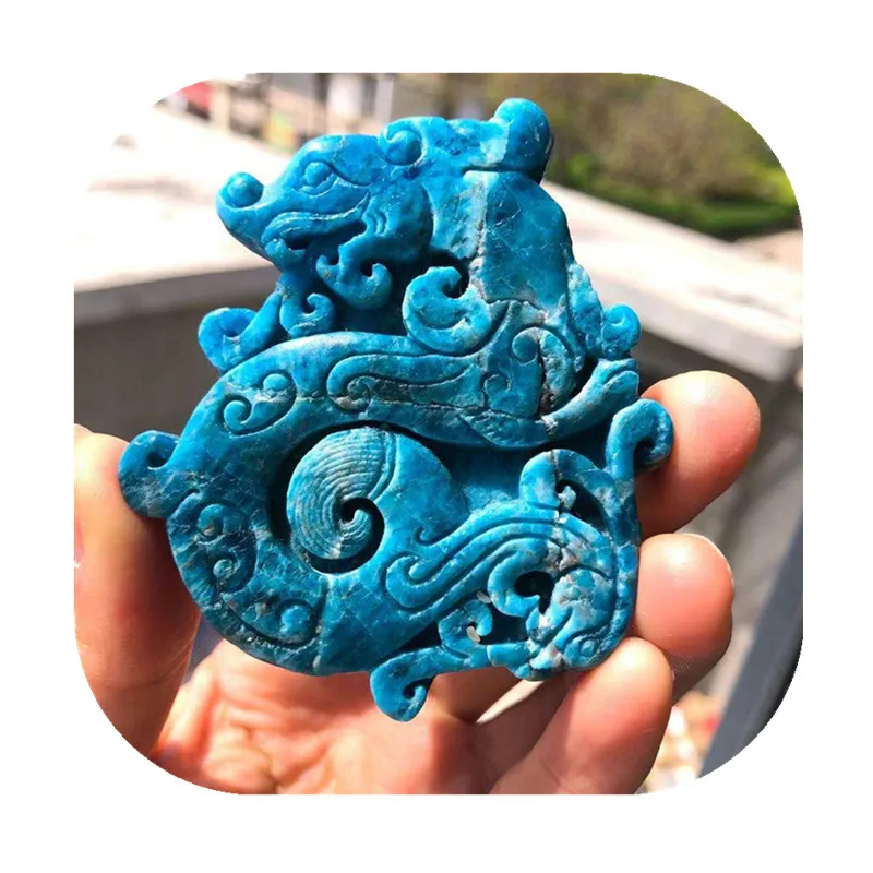 

Natural rock hand carved dragon ornaments blue apatite crystal sculpture
