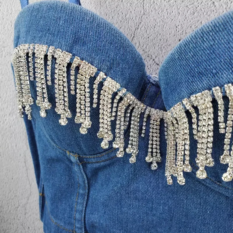 

Blue cowboy Slip Tassel Female Bras for Women bling Sexy club outfits fashion festival oversized t shirt
