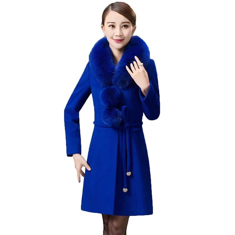 

5XL Women Woolen Coat New Autumn Winter Jacket Middle-aged Mother Clothes Solid Big Fur Collar Elegant Female Wool Blended Coat