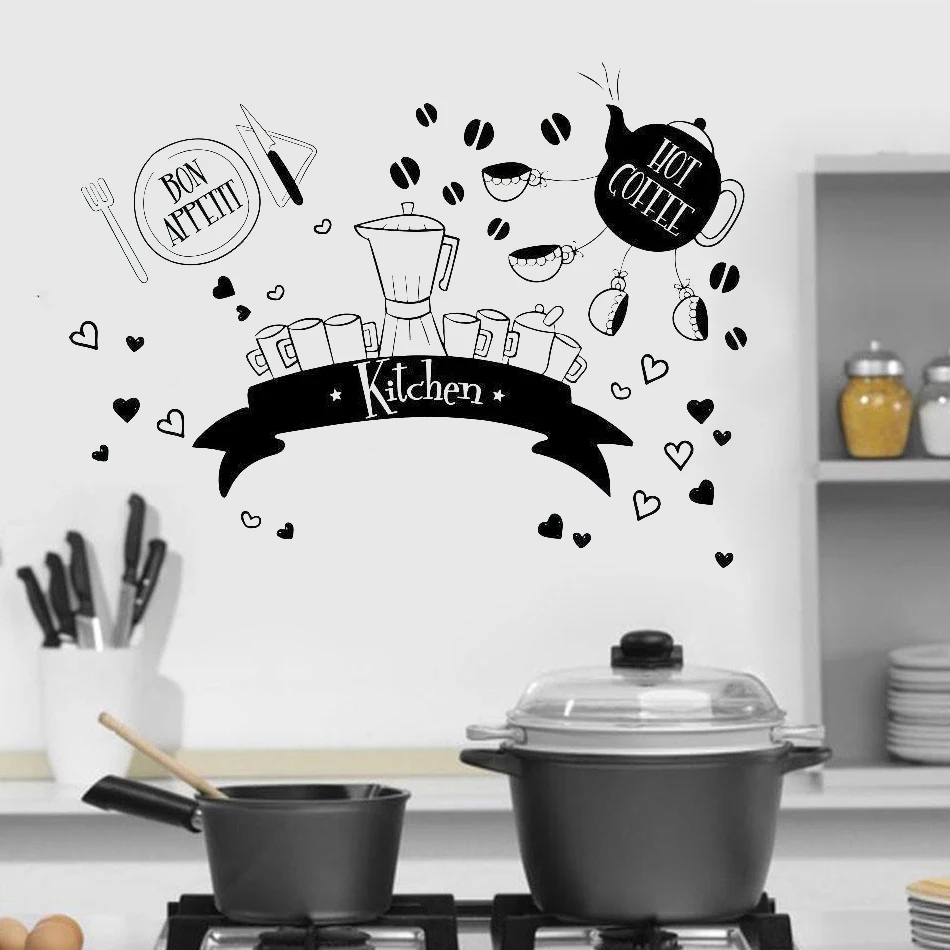 

Кухонные полки с посудой, чайник, Настенная Наклейка для кухни, искусство, виниловый декор для ресторана, кофейни HY494
