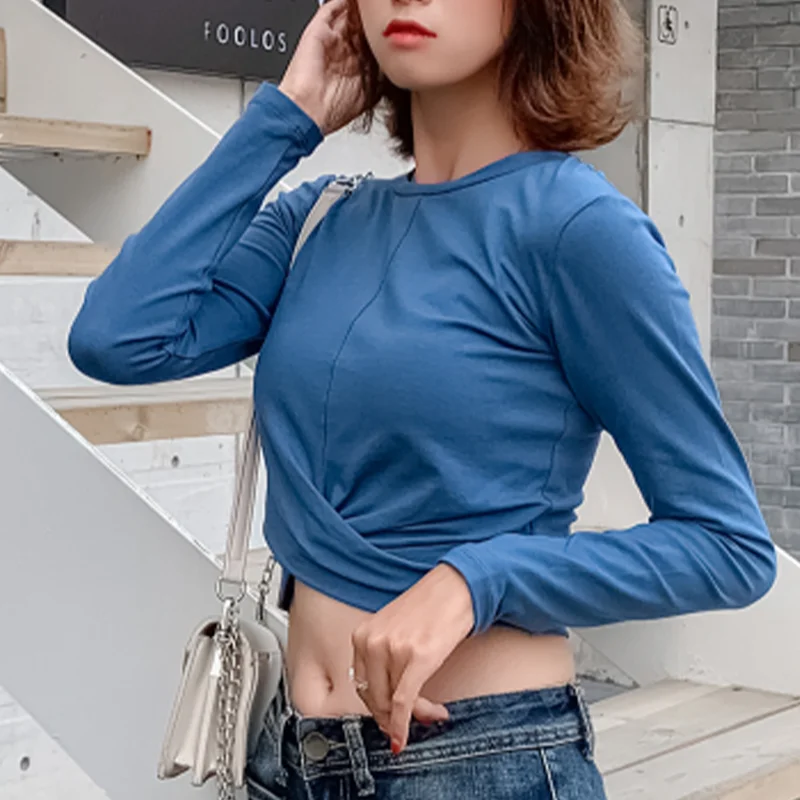 

Namou Drane 2021 Autumn and Winter New Hem Fold Design Sense Round Neck Short Navel Long-sleeved Korean Female women clothes
