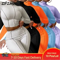 bulk items wholesale lots simple elastic rib knit jogging suit for women long sleeve turtleneck crop top and pencil leggings