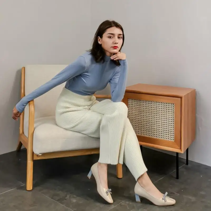 

RIZABINA Size 33-40 2021 New Real Leather Arrived Square Toe Heel Shoes Fashion Office Lady Pumps Bow Heel Heeled Footwear