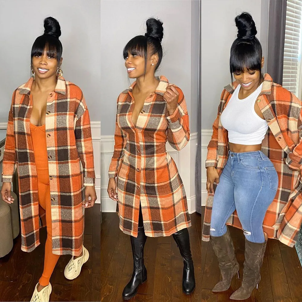 

Women's Woolen Coat Middle and Long Casual Fashion Plaid Single Breasted Wool Coat Women