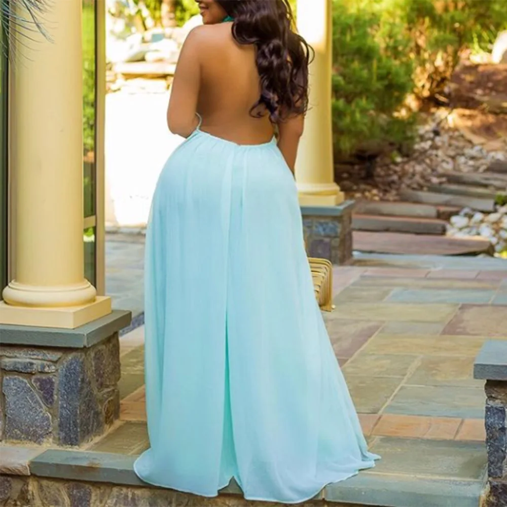 

5XL Fashion Halter Beach Backless Sexy Jumpsuit Women Summer 2021 Plus Size Loose Wide Legs Overalls Female Long Jumpsuits Blue