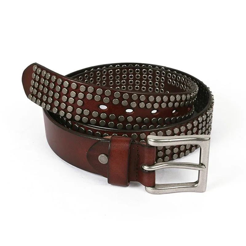 Женский металлический ремень с заклепками и пряжкой из натуральной коровьей