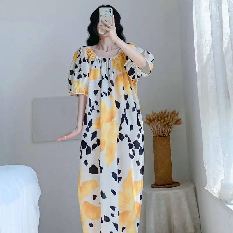 

Women Summer Cozy Dresses Yellow Black White Print Puff Short Sleeve Lace Up Round Collar Loose Fitting One Piece Plus Size 2021